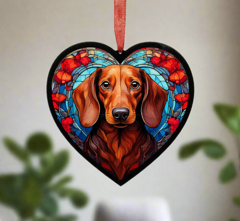 Dachshund Red Stained Glass Effect Heart Suncatcher